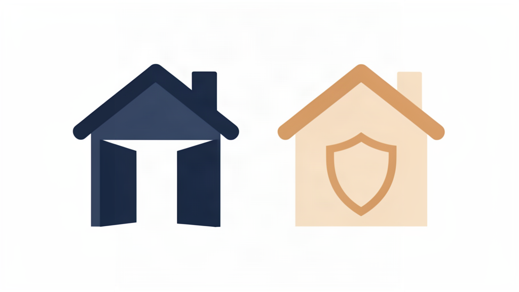 Two house icons side by side, one open and one with a shield
